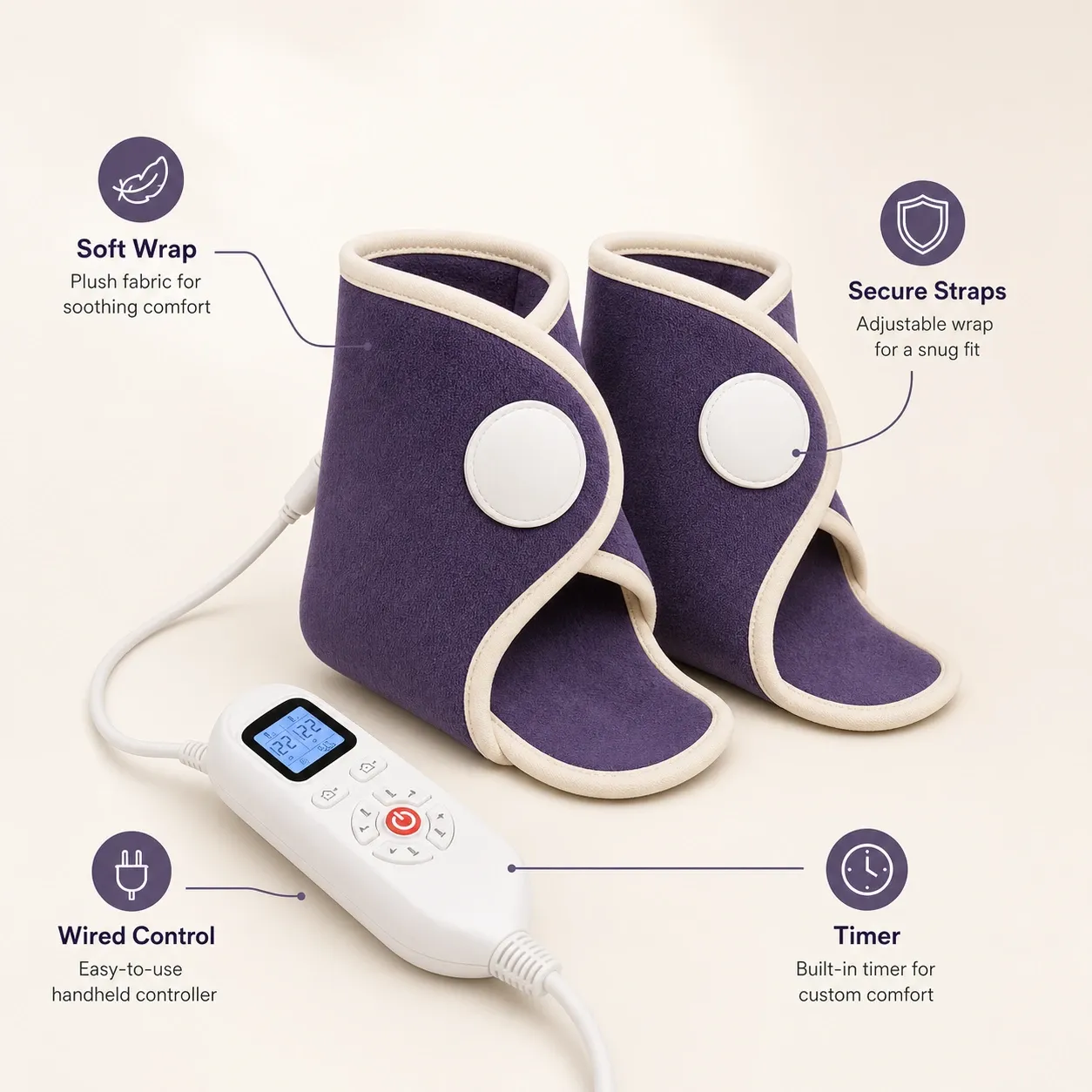 Close-up of a purple ankle heat wrap with a handheld controller, highlighting features like soft fabric, secure straps, wired control, and a built-in timer.